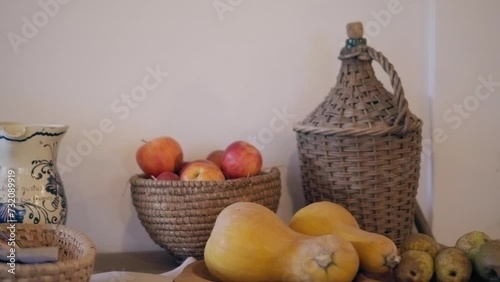 Autumn table design with vegetables, fruits and homemade holders, colorful composition for fall season cinematic 4K video