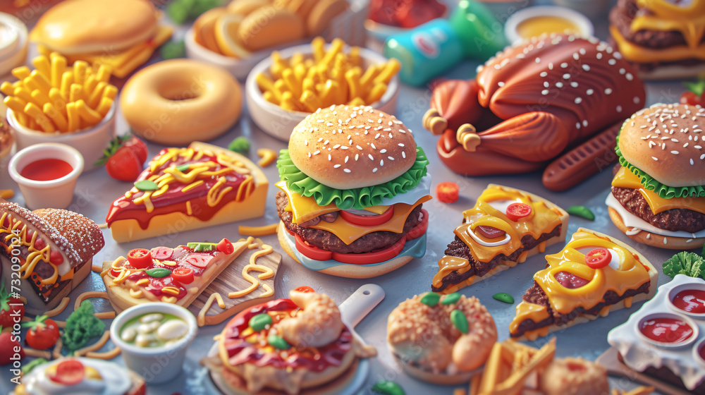 Vibrant 3D Vector Illustration of Fast Food Delights  A Symphony of Street Food Icons Including Pizza and Tacos