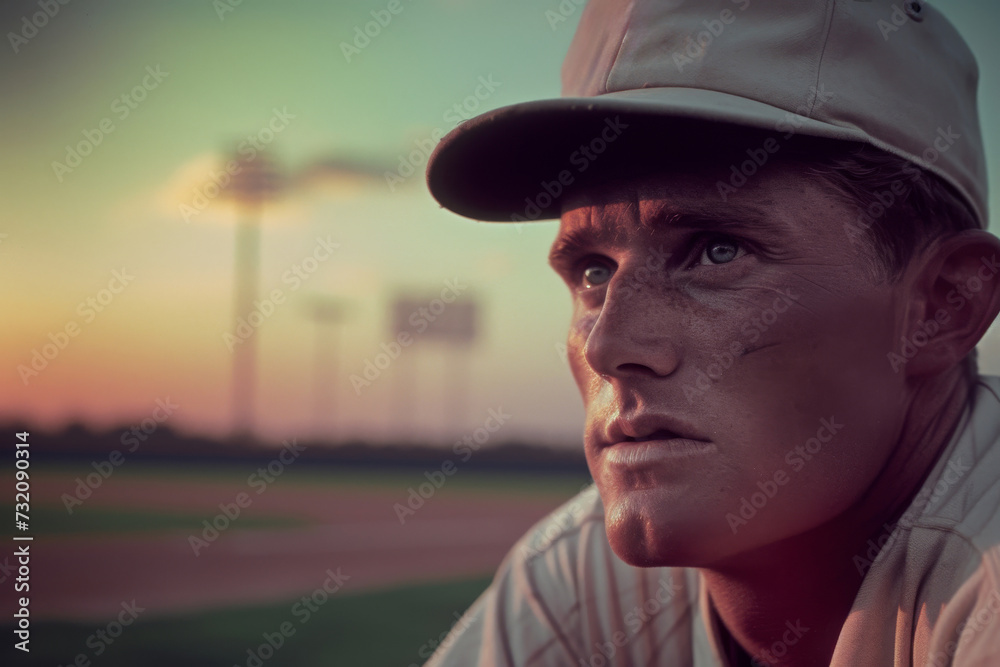 A lone man stands in the grass, his human face shadowed by a baseball cap, as the sky above transforms into a fiery sunset backdrop A lone man stands in the grass, his human face shadowed by a baseball cap, as the sky above transforms into a fiery sunset backdrop