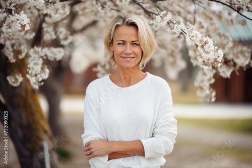 Cheerful middle aged caucasian woman poses in front of blooming cherry tree in outdoor park photo