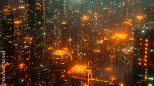 A metropolis glows with amber lights, casting a golden hue over the towering skyscrapers and bustling city streets below