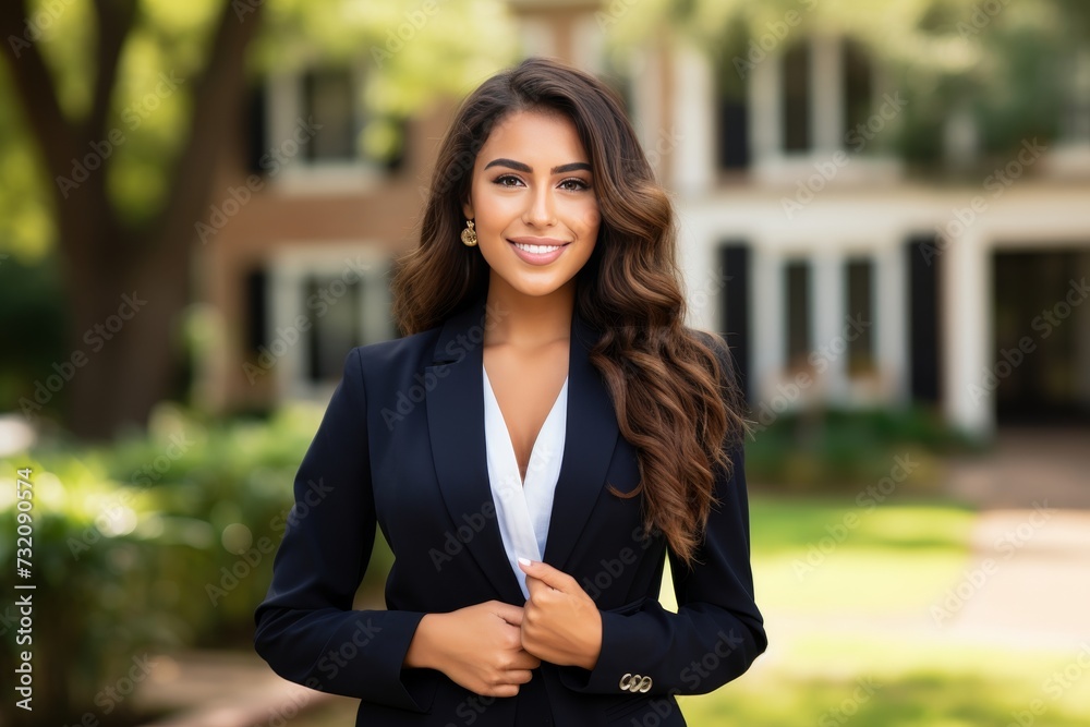 Confident american real estate agent outside modern home, ready to assist potential buyers Confident american real estate agent outside modern home, ready to assist potential buyers