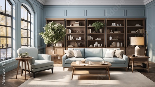 A classic living room with a blue sofa, a wood bookcase, a white chair, and a desk lamp with a soft light