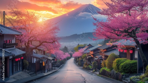countryside japan with blooming cherry blossoms and traditional Japanese village at Mount Fuji area. photo