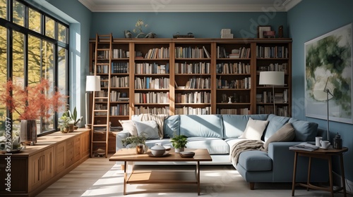 A classic living room with a blue sofa, a wood bookcase, a white chair, and a desk lamp with a soft light photo