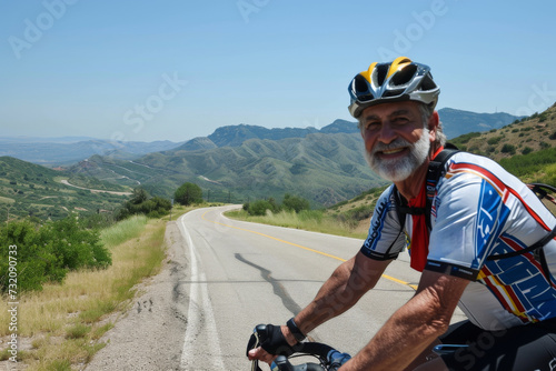 A lone cyclist conquers the winding mountain road, his helmet glinting in the bright sky as he pedals towards adventure and freedom on his trusty bicycle