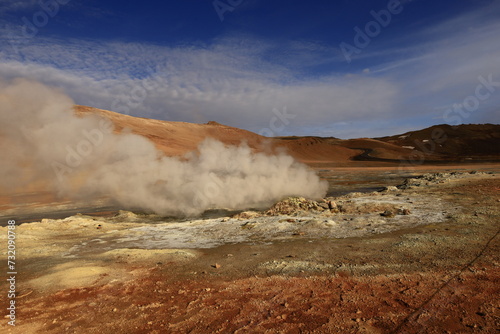 Hverarönd is a hydrothermal site in Iceland with hot springs, fumaroles, mud ponds and very active solfatares. It is located in the north of Iceland