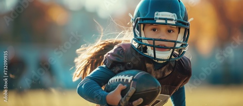 Portrait of young girl American football player running with ball in a match. AI generated photo