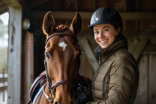 A confident woman in equestrian attire beams with joy as she adjusts her helmet while standing next to her majestic sorrel stallion, surrounded by horse supplies and tack © ChaoticMind