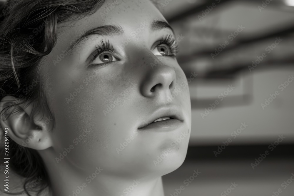 Naklejka premium A contemplative woman gazes off to the side, her expressive face adorned with carefully applied makeup, highlighting her striking features in this monochromatic portrait