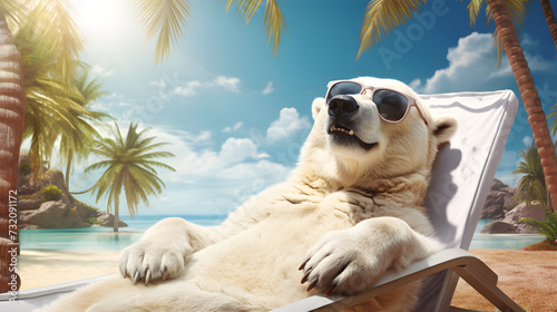 Eisbär mit Sonnenbrille auf einer Liege am Strand