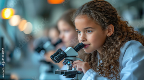Children look through microscopes in a bright scientific laboratory