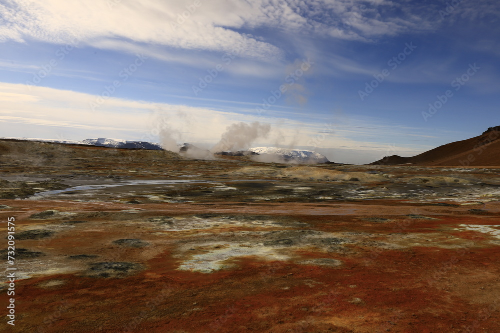 Hverarönd is a hydrothermal site in Iceland with hot springs, fumaroles, mud ponds and very active solfatares. It is located in the north of Iceland