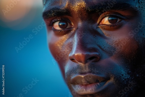 A vulnerable man s expression captures the essence of raw emotion in this striking outdoor portrait  highlighting his furrowed brow and piercing eyes