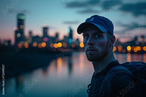 As the sun sets behind the towering skyscrapers, a lone man in a hat stands on the edge of the city, his face hidden in shadow as he gazes out over the water and reflects on the bustling streets and 