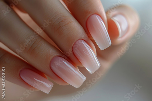 Closeup to woman hands with elegant neutral colors manicure. Beautiful pale pink gel polish manicure on long square nails on neutral gray background photo