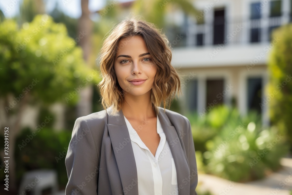 Confident american real estate agent outside modern home - expertise and approachability Confident american real estate agent outside modern home - expertise and approachability