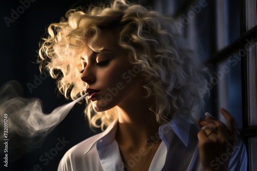 High-resolution close-up of stylish woman with cigarette, smoking addiction concept