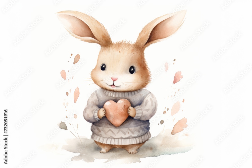 Fototapeta premium Cute bunny with a heart, watercolor illustration, perfect for Valentine's Day and children's decor