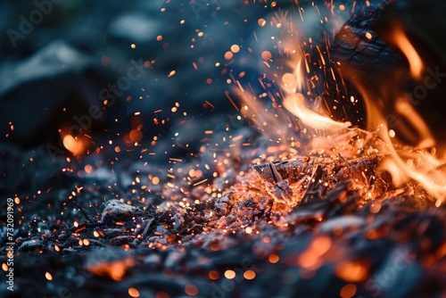 Fiery Sparks: Abstract Close-Up of Campfire Embers in the Night