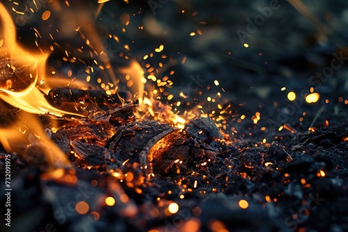 Fiery Sparks: Close-Up of Glowing Ember in Dark Night - Abstract Background