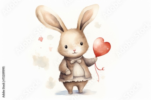 Adorable watercolor rabbit holding a red heart balloon, ideal for Valentine's cards and nursery decor.