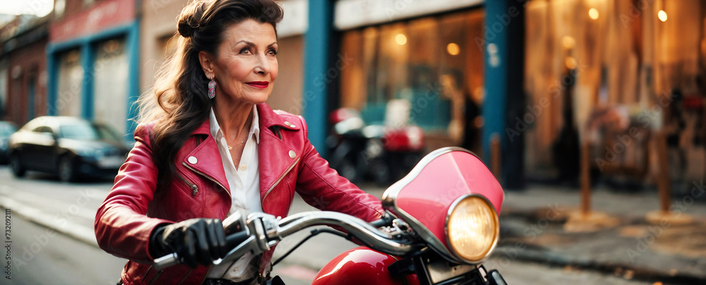 Adventurous 70 year old rockabilly styled elderly motorcyclist rides her motorcycle on the outskirts of the city