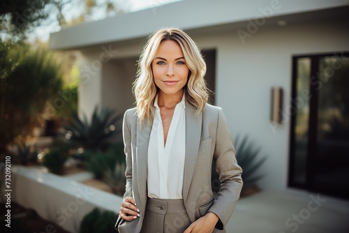 Confident female american real estate agent standing outside modern home, ready to assist buyers photo
