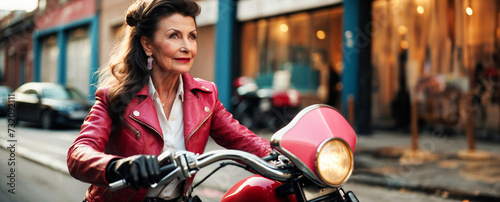 Adventurous 70 year old rockabilly styled elderly motorcyclist rides her motorcycle on the outskirts of the city