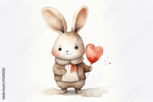  A joyful rabbit with a red heart balloon  soft watercolor tones on a white backdrop.