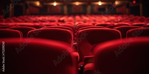 Theatre hall with rows of red velvet seats