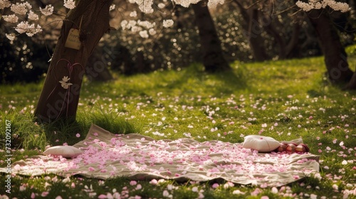 Amidst the serene beauty of a spring park, a tree stands tall in a field of grass, adorned with delicate pink petals, inviting one to lay upon a blanket and bask in the enchanting aroma of cherry blo © ChaoticMind