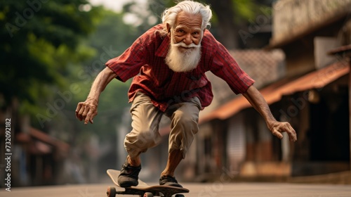 Elderly gentleman enjoying a thrilling skateboard ride through bustling urban streets