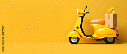 Gelber Roller mit Paket auf gelben Hintergrund mit platz für Text. Banner Design photo