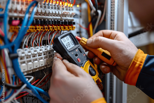 Close up of Electrician Hands Examining Fusebox photo