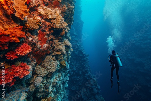 A skilled diver explores the vibrant underwater world, surrounded by colorful coral and equipped with scuba gear, as they glide effortlessly through the crystal clear waters