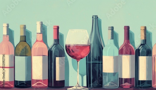 a group of wine bottles with a glass in front of them Generative AI photo