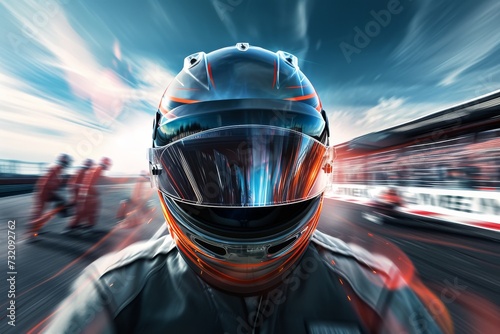 Fototapeta A daring racer donning a sleek motorcycle helmet gazes at the endless sky, ready