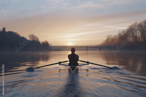 A lone figure paddles through the peaceful winter lake, their boat cutting through the calm water as the vibrant sunset sky reflects off its surface, creating a stunning display of outdoor recreation