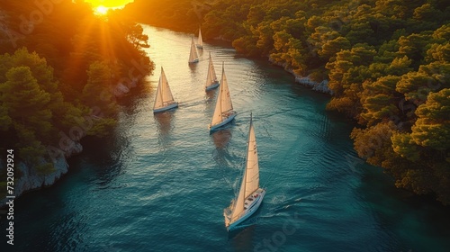 Aerial view of beautiful sailboats sailing in formation on crystal clear blue sea