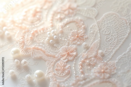 A close-up of a delicate, handcrafted Valentine's Day card adorned with lace and pearls, under soft, radiant lighting that highlights the intricate details and textures.