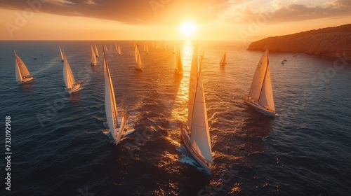 Sailing sailboats in perfect formation on crystal clear blue sea captured by aerial drone