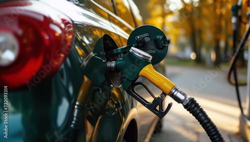 A person is filling a car with petrol. A person holds a fuel nozzle while refueling a car during a petrol station