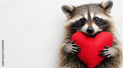 A lovable procyonidae with soft fur and a curious snout holds a bright red heart, symbolizing the unconditional love and wild beauty of this charming mammal