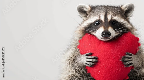 A lovable procyonidae, with a fluffy fur and a curious snout, holds a vibrant red heart, showcasing its mammalian affection © ChaoticMind