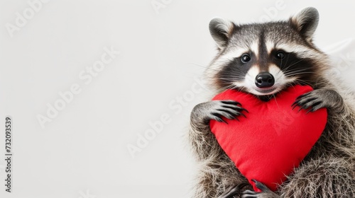 A heartwarming portrayal of a procyonidae mammal  the raccoon  showcasing its adorable fur and snout while tenderly holding a heart