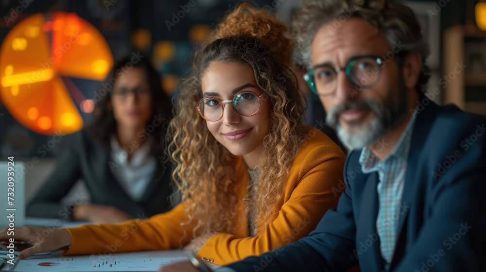 Business team working on a project in the office behind a table or reviewing and discussing a business project. IT workers in the office Business team working on a project in the office behind a table or reviewing and discussing a business project. IT workers in the office