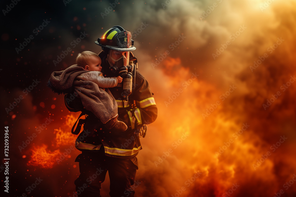 Fototapeta premium Firefighter's Brave Rescue, Carrying a Child to Safety Through Flames