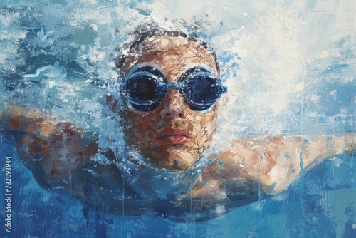 A determined swimmer glides through the crystal clear water, sporting goggles and sunglasses, showcasing their love for the sport in the refreshing outdoor pool