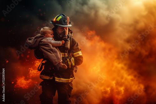 Firefighter's Brave Rescue, Carrying a Child to Safety Through Flames